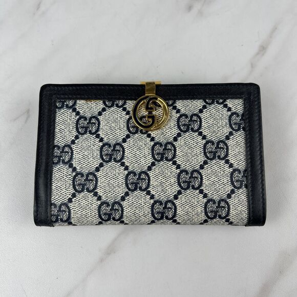 Vintage Gucci GG Canvas Leather Navy Blue Monogram Compact Bifold Wallet - Picture 1 of 6